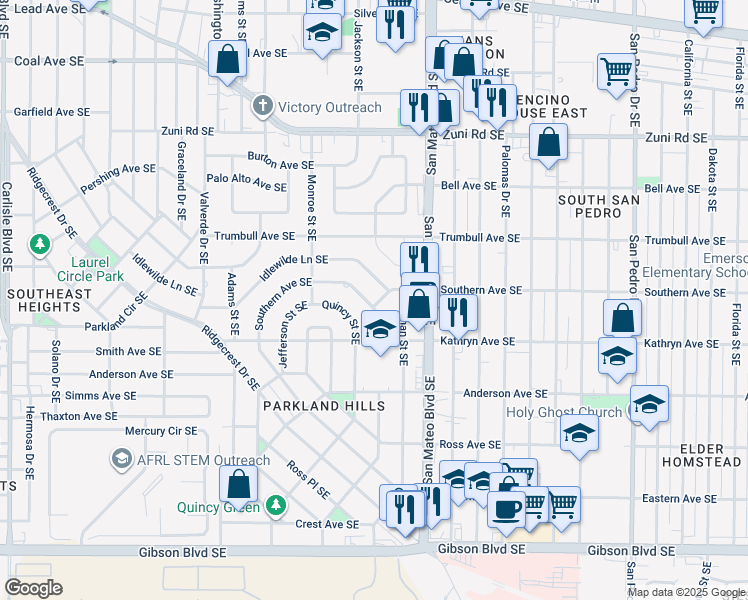 map of restaurants, bars, coffee shops, grocery stores, and more near 4857 Southern Avenue Southeast in Albuquerque