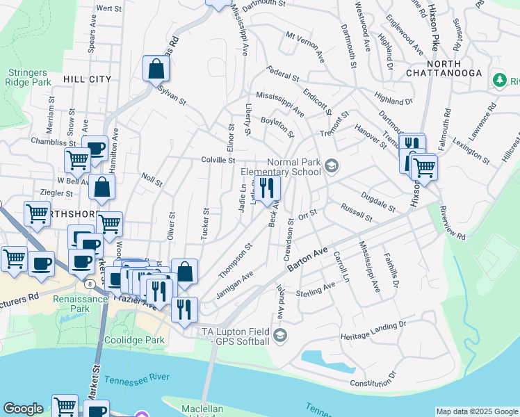 map of restaurants, bars, coffee shops, grocery stores, and more near 515 Tremont Street in Chattanooga