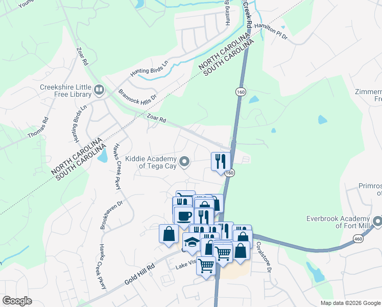 map of restaurants, bars, coffee shops, grocery stores, and more near 1220 Croft Drive in Fort Mill