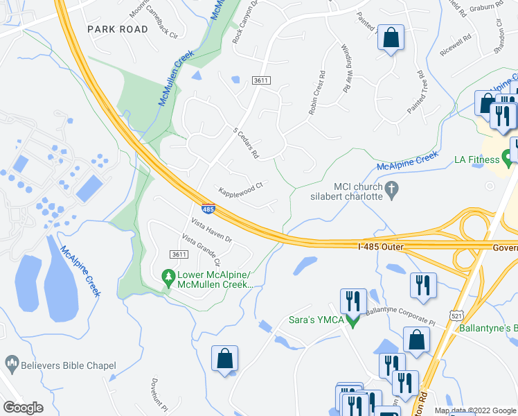 map of restaurants, bars, coffee shops, grocery stores, and more near Misty Valley Ct in Charlotte