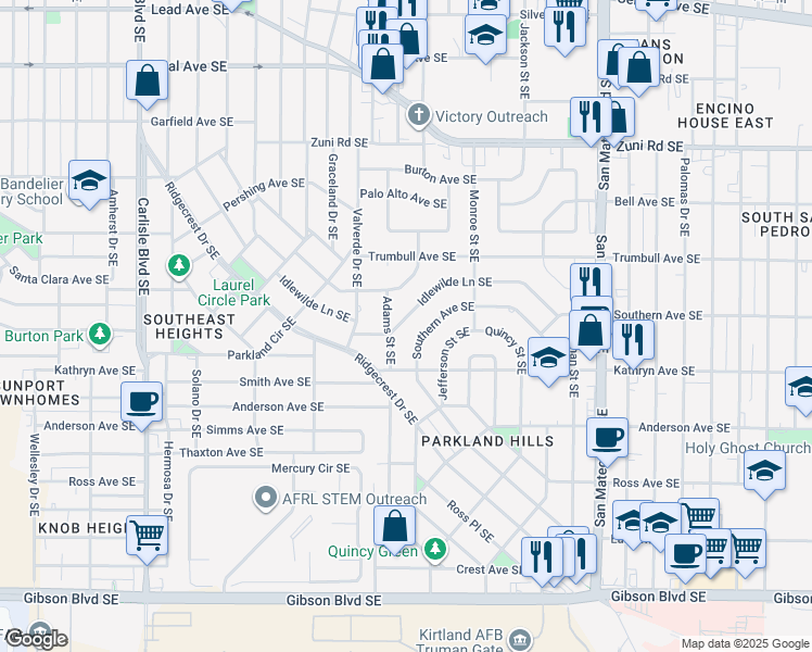 map of restaurants, bars, coffee shops, grocery stores, and more near 4600 Idlewilde Lane Southeast in Albuquerque