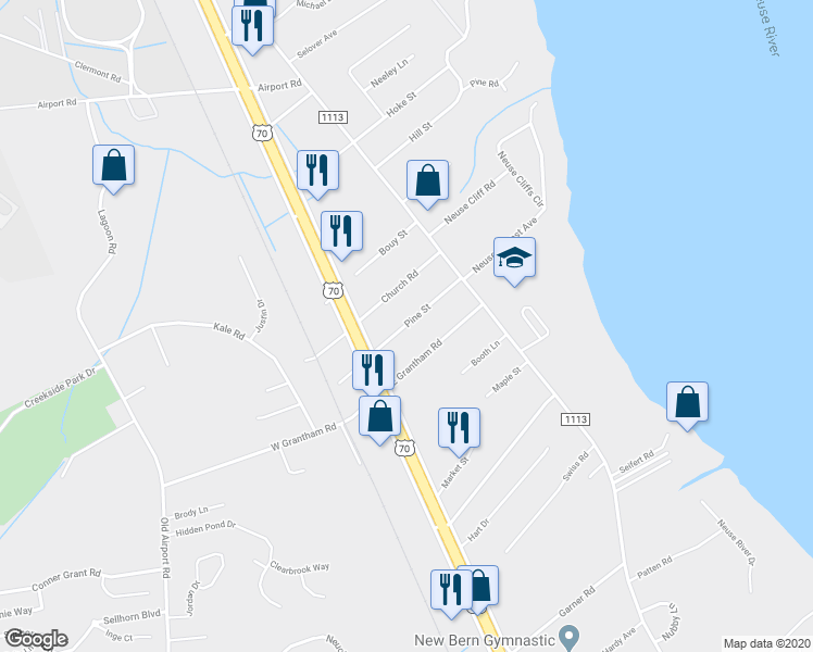 map of restaurants, bars, coffee shops, grocery stores, and more near Pine Street in New Bern