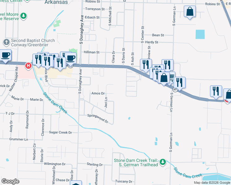 map of restaurants, bars, coffee shops, grocery stores, and more near 1800 Amos Drive in Conway