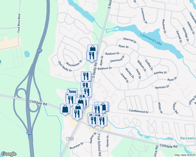 map of restaurants, bars, coffee shops, grocery stores, and more near 415 Kirkcaldy Court in Fayetteville
