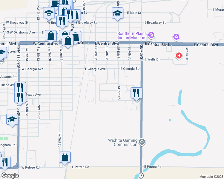 map of restaurants, bars, coffee shops, grocery stores, and more near 407 East Texas Avenue in Anadarko