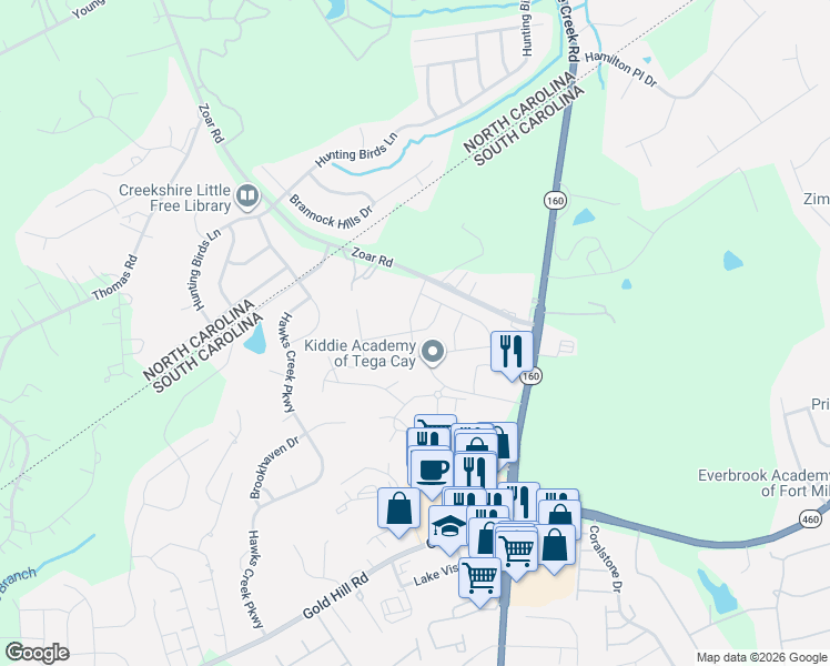 map of restaurants, bars, coffee shops, grocery stores, and more near 1791 Zoar Road in Fort Mill
