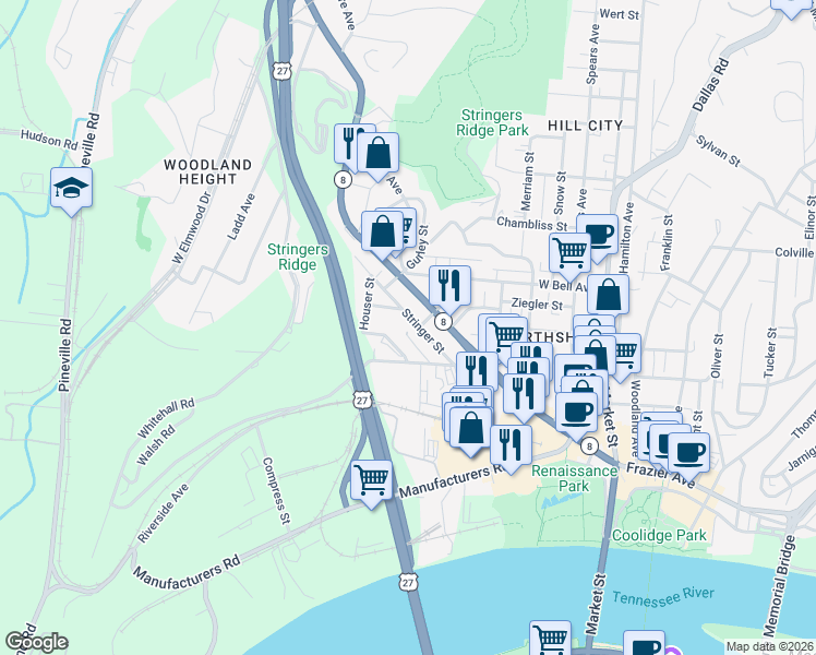 map of restaurants, bars, coffee shops, grocery stores, and more near 326 Stringer Street in Chattanooga