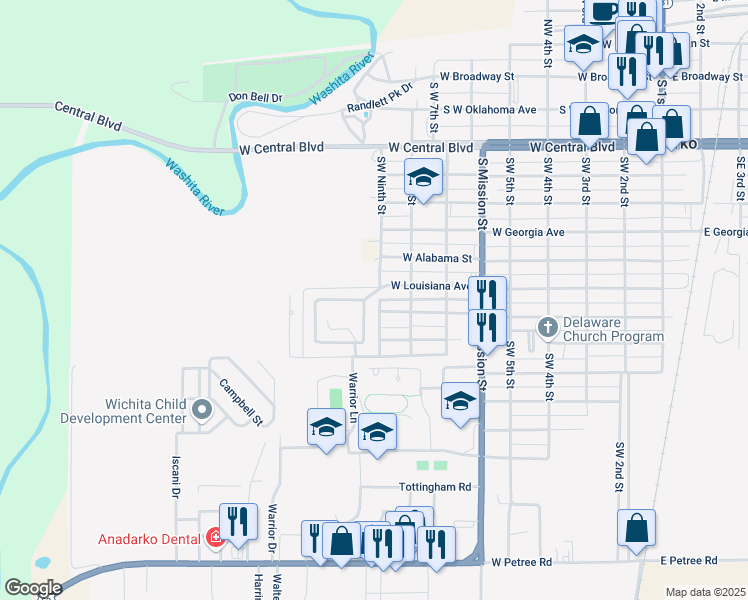 map of restaurants, bars, coffee shops, grocery stores, and more near 816 West Louisiana Avenue in Anadarko