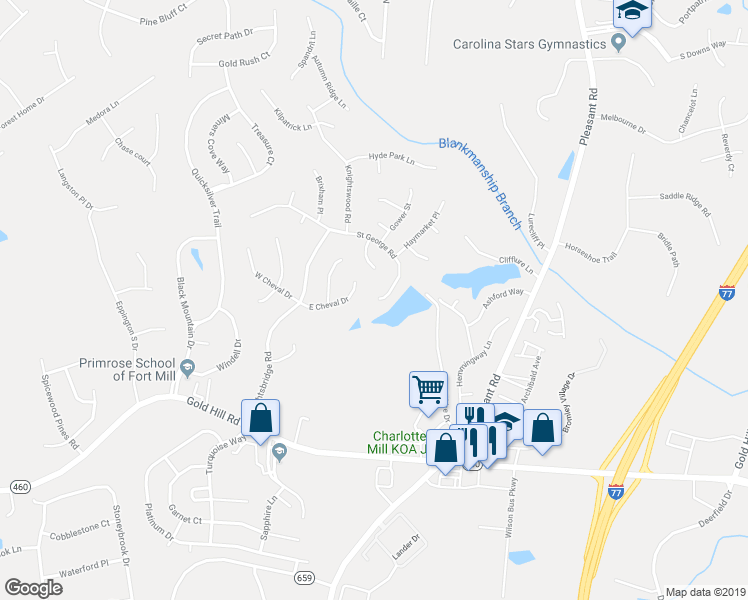map of restaurants, bars, coffee shops, grocery stores, and more near 548 Saint George Road in Fort Mill