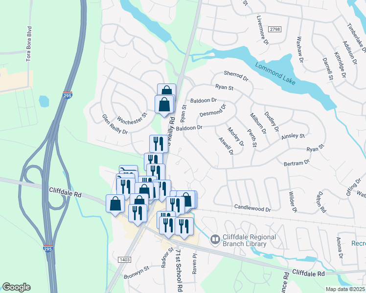 map of restaurants, bars, coffee shops, grocery stores, and more near 422 Kirkcaldy Court in Fayetteville