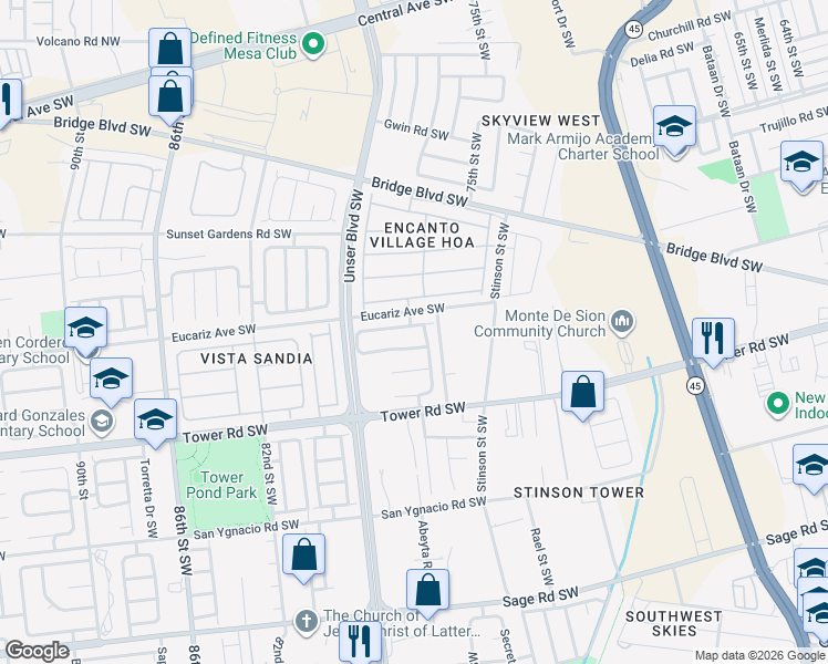 map of restaurants, bars, coffee shops, grocery stores, and more near 608 Cottontail Street Southwest in Albuquerque
