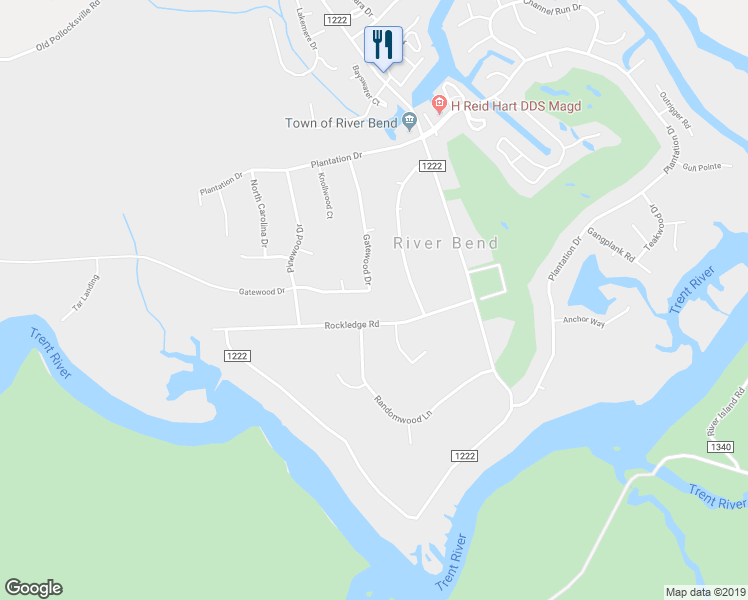map of restaurants, bars, coffee shops, grocery stores, and more near 284 Gatewood Drive in New Bern