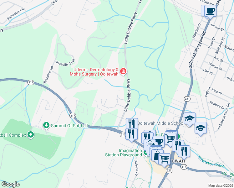 map of restaurants, bars, coffee shops, grocery stores, and more near 9100 Integra Hills Lane in Ooltewah