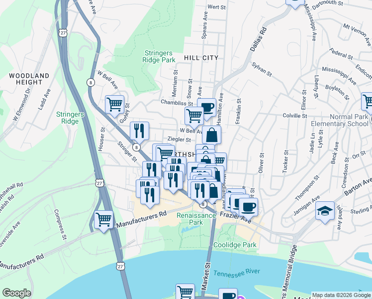 map of restaurants, bars, coffee shops, grocery stores, and more near in Chattanooga