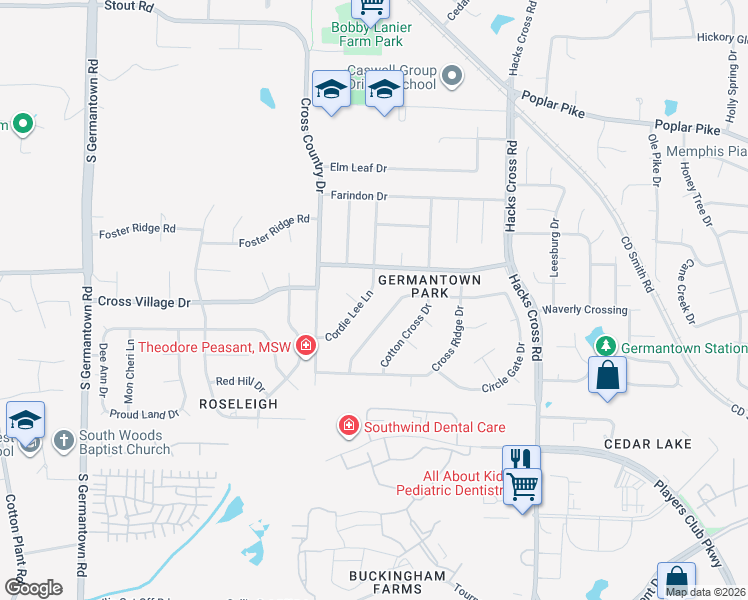 map of restaurants, bars, coffee shops, grocery stores, and more near 2994 Cordie Lee Lane in Germantown