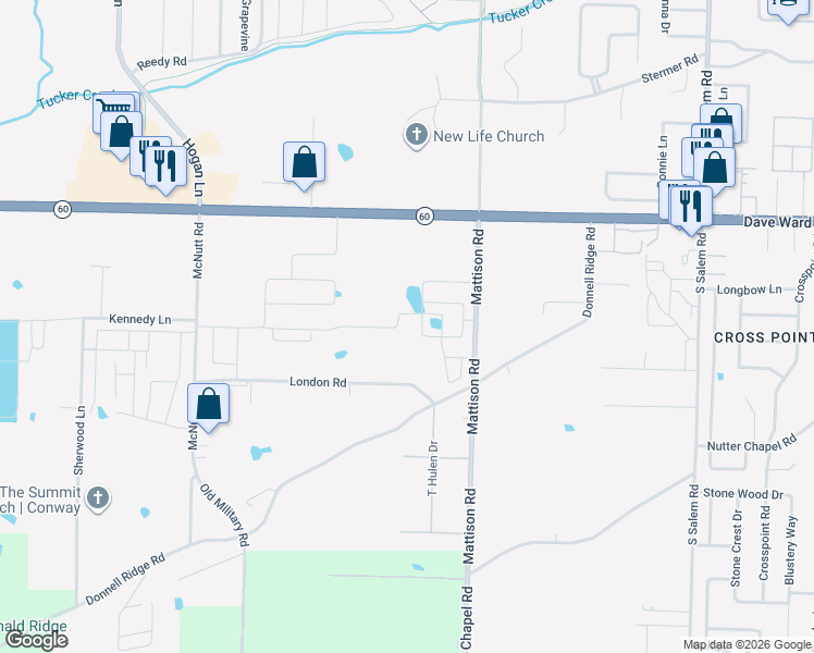 map of restaurants, bars, coffee shops, grocery stores, and more near 935 Nuttall Drive in Conway