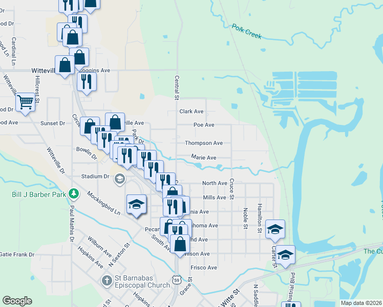map of restaurants, bars, coffee shops, grocery stores, and more near 111 Marie Avenue in Poteau