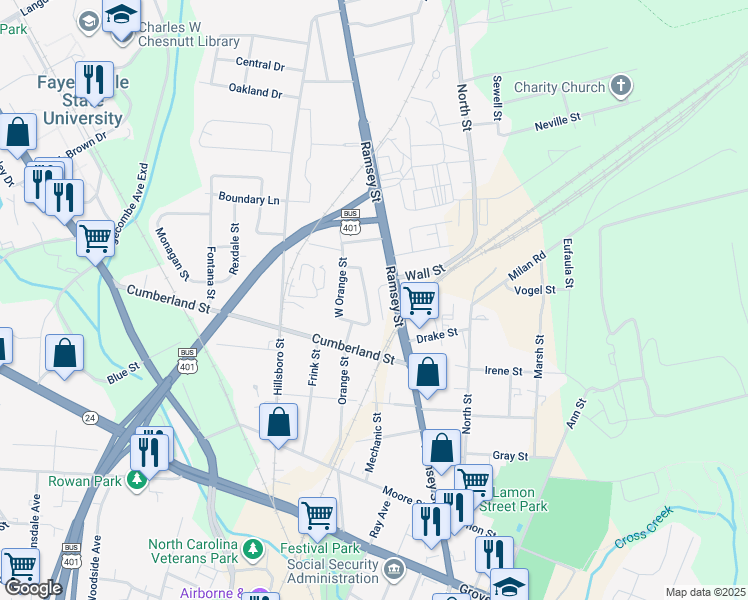 map of restaurants, bars, coffee shops, grocery stores, and more near 824 East Orange Street in Fayetteville