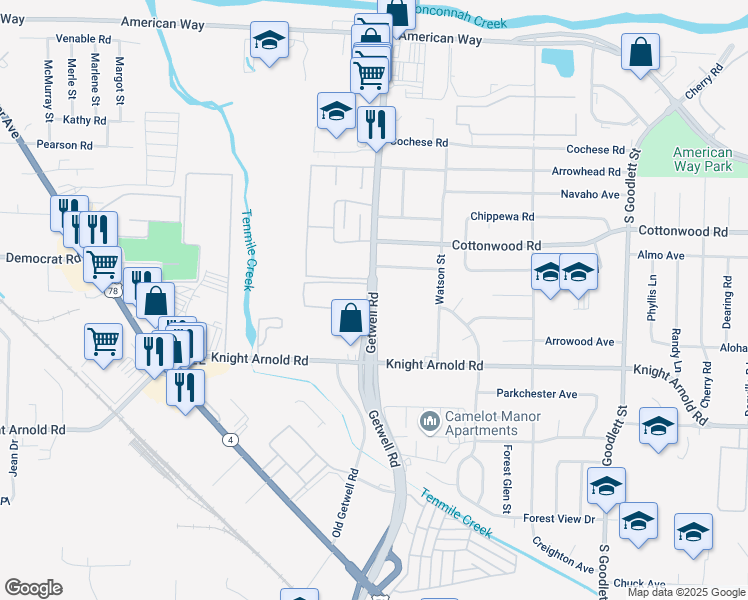 map of restaurants, bars, coffee shops, grocery stores, and more near 3030 Getwell Road in Memphis