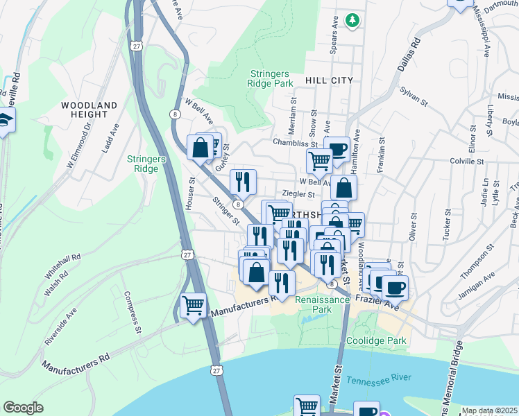 map of restaurants, bars, coffee shops, grocery stores, and more near 411 Fairpoint Street in Chattanooga