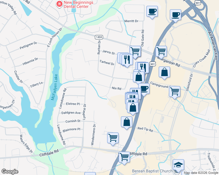 map of restaurants, bars, coffee shops, grocery stores, and more near 4795 Nix Road in Fayetteville