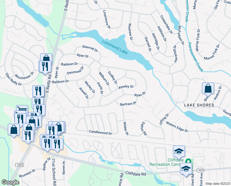 map of restaurants, bars, coffee shops, grocery stores, and more near 7222 Ainsley Street in Fayetteville