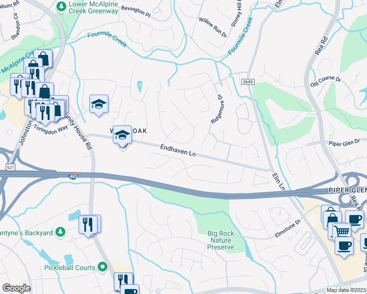 map of restaurants, bars, coffee shops, grocery stores, and more near 6607 Red Maple Drive in Charlotte