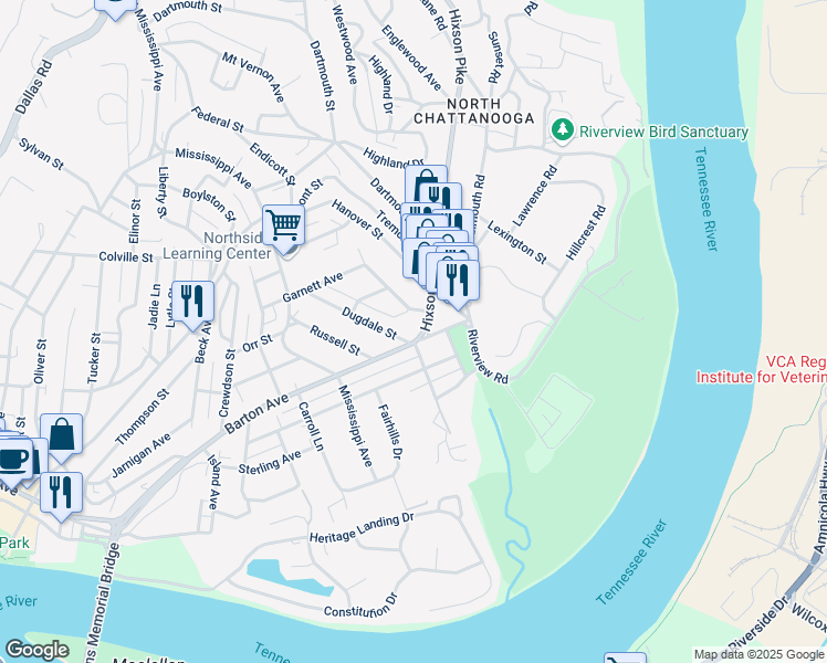 map of restaurants, bars, coffee shops, grocery stores, and more near 901 Hixson Pike in Chattanooga
