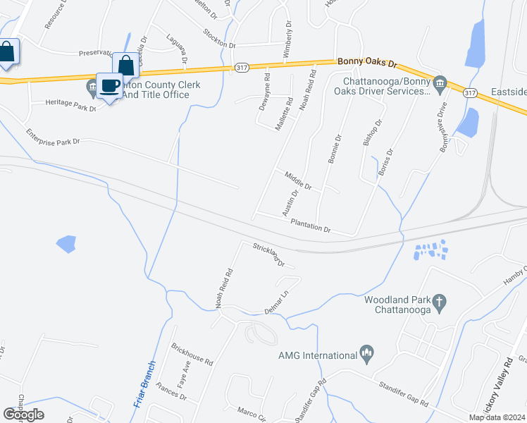 map of restaurants, bars, coffee shops, grocery stores, and more near 6369 Plantation Drive in Chattanooga