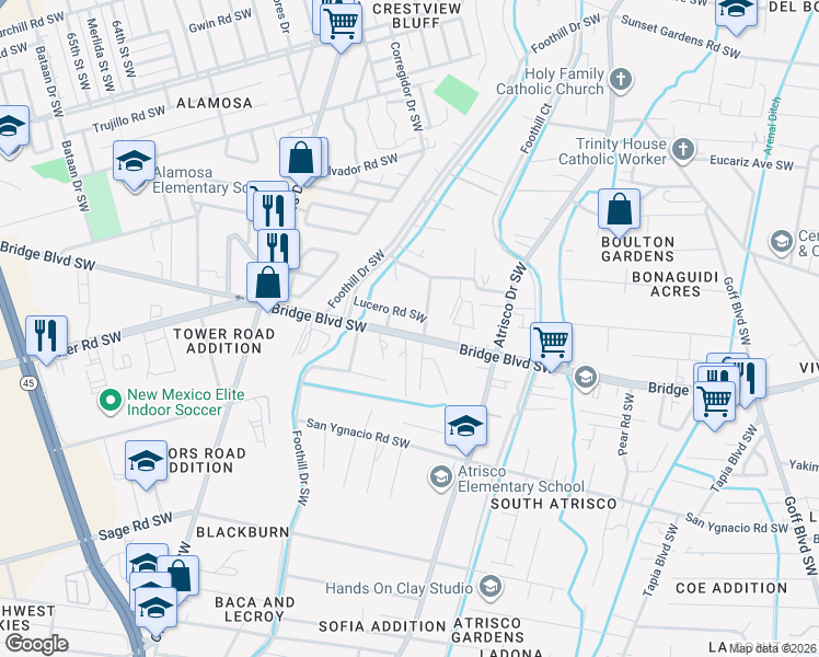 map of restaurants, bars, coffee shops, grocery stores, and more near 2603 Bridge Boulevard Southwest in Albuquerque