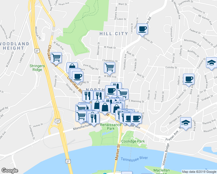 map of restaurants, bars, coffee shops, grocery stores, and more near in Chattanooga