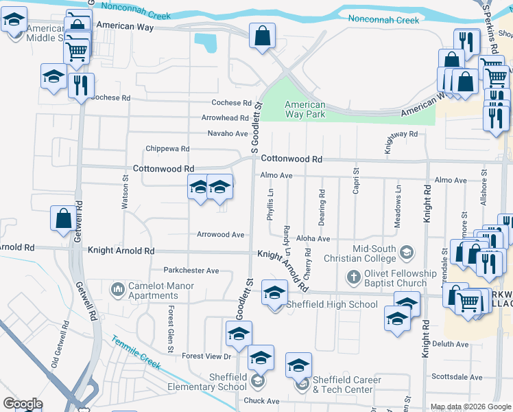 map of restaurants, bars, coffee shops, grocery stores, and more near 2999 Phyllis Lane in Memphis