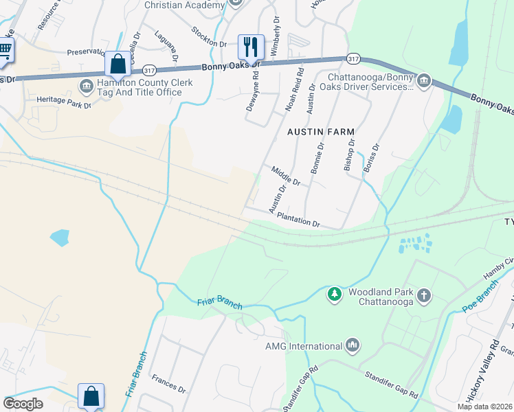 map of restaurants, bars, coffee shops, grocery stores, and more near 7471 Austin Drive in Chattanooga