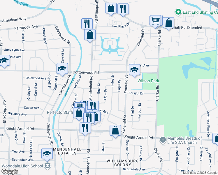 map of restaurants, bars, coffee shops, grocery stores, and more near 2982 Elgin Drive in Memphis