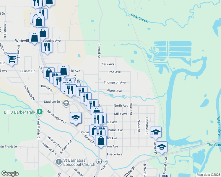 map of restaurants, bars, coffee shops, grocery stores, and more near 111 Marie Avenue in Poteau