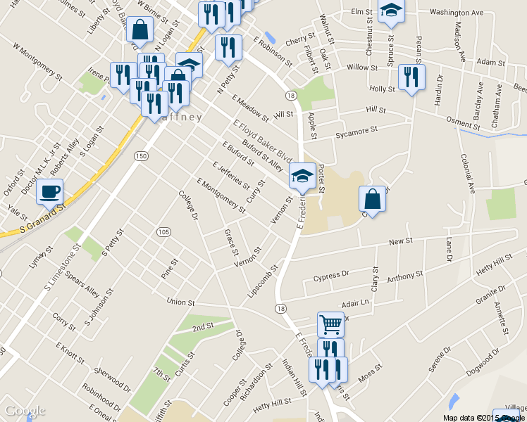 map of restaurants, bars, coffee shops, grocery stores, and more near 505 East Montgomery Street in Gaffney