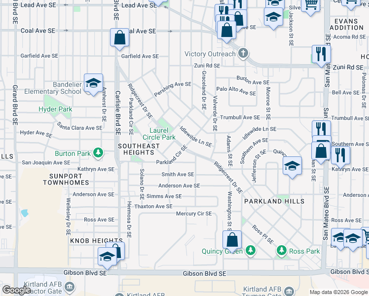 map of restaurants, bars, coffee shops, grocery stores, and more near Parkland Cir SE in Albuquerque