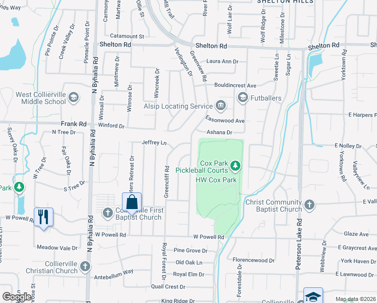map of restaurants, bars, coffee shops, grocery stores, and more near 1009 Greenview Road in Collierville
