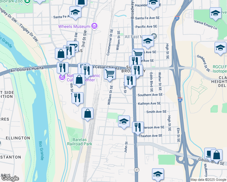 map of restaurants, bars, coffee shops, grocery stores, and more near 209 Southern Avenue Southeast in Albuquerque
