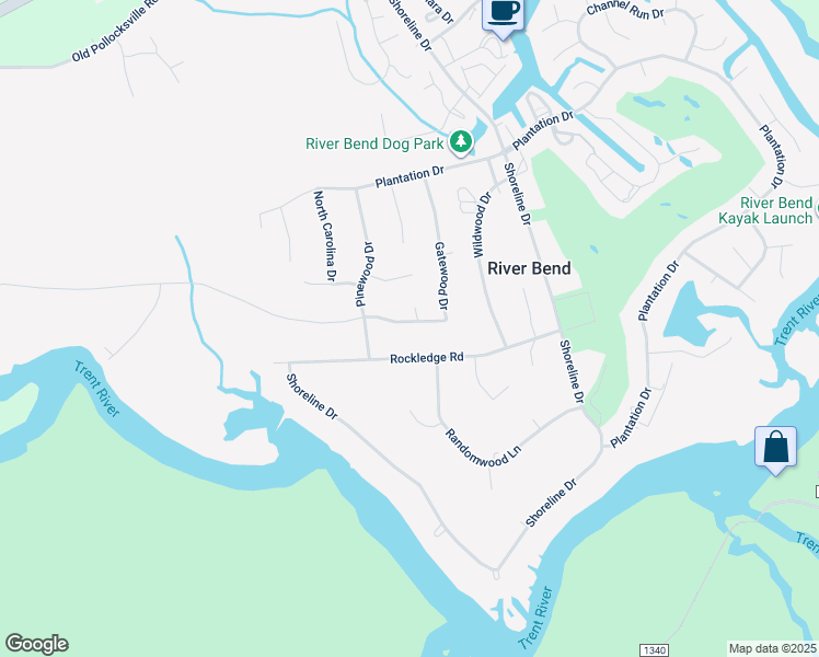 map of restaurants, bars, coffee shops, grocery stores, and more near 292 Gatewood Drive in New Bern