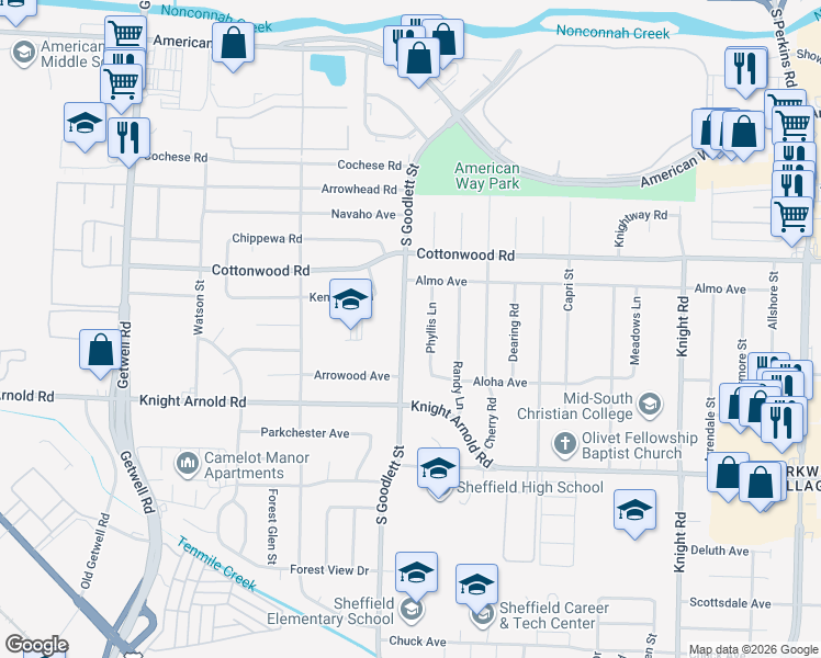 map of restaurants, bars, coffee shops, grocery stores, and more near 2999 Phyllis Lane in Memphis