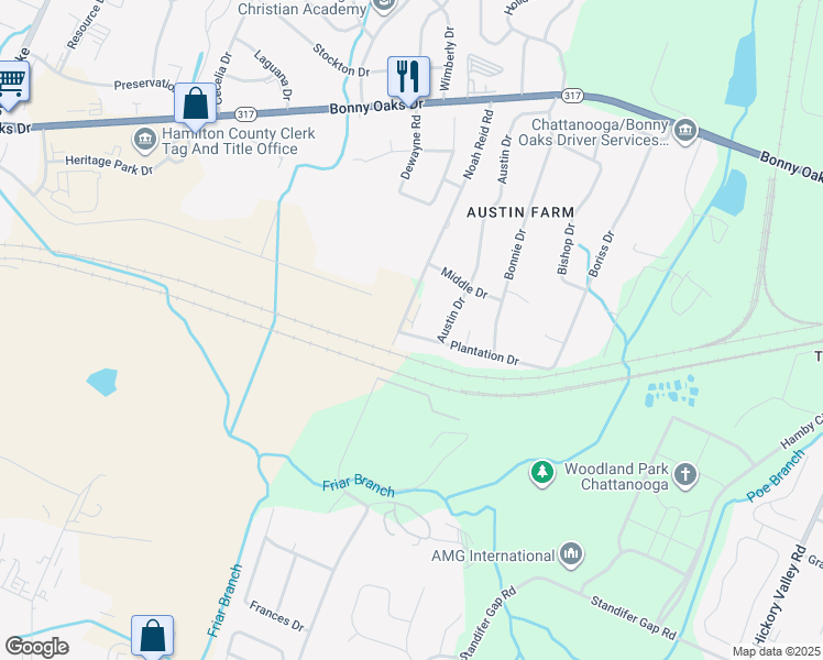 map of restaurants, bars, coffee shops, grocery stores, and more near 7485 Austin Drive in Chattanooga