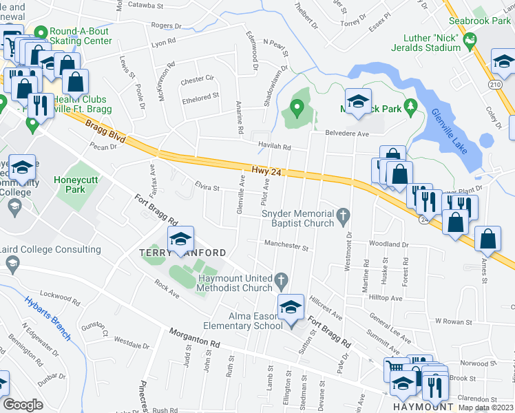 map of restaurants, bars, coffee shops, grocery stores, and more near 605 Pilot Ave in Fayetteville