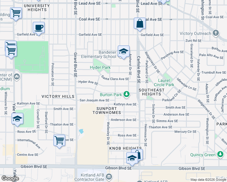 map of restaurants, bars, coffee shops, grocery stores, and more near 1111 Wellesley Drive Southeast in Albuquerque