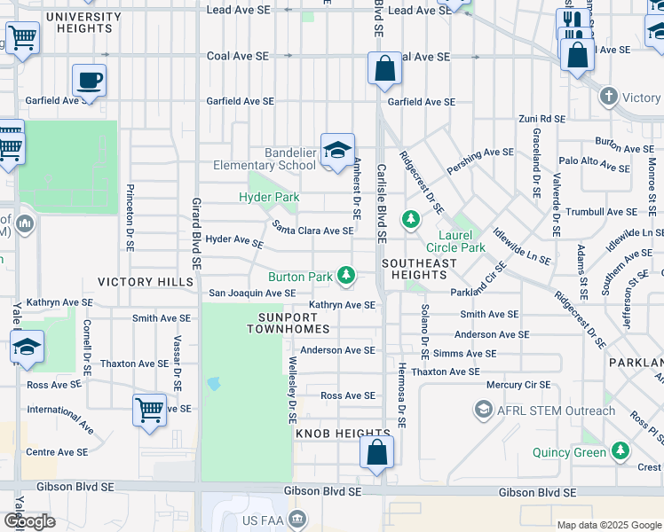 map of restaurants, bars, coffee shops, grocery stores, and more near 3301 San Rafael Avenue Southeast in Albuquerque