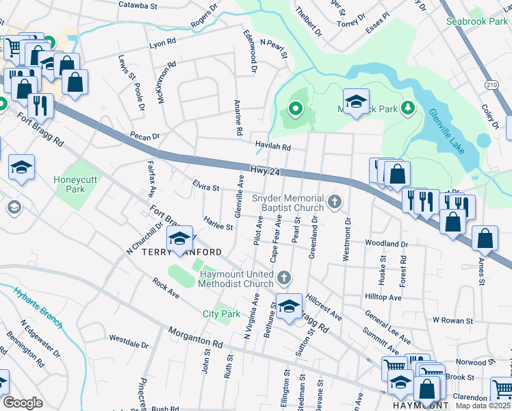 map of restaurants, bars, coffee shops, grocery stores, and more near 605 Pilot Ave in Fayetteville