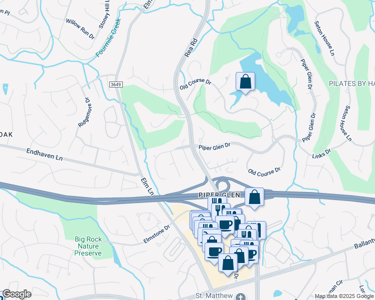 map of restaurants, bars, coffee shops, grocery stores, and more near 5303 Piper Glen Drive in Charlotte