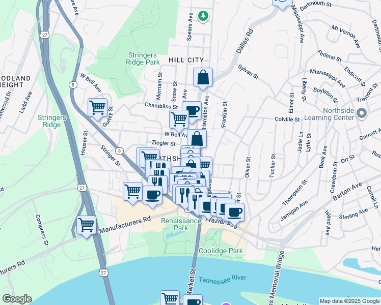 map of restaurants, bars, coffee shops, grocery stores, and more near 501 North Market Street in Chattanooga