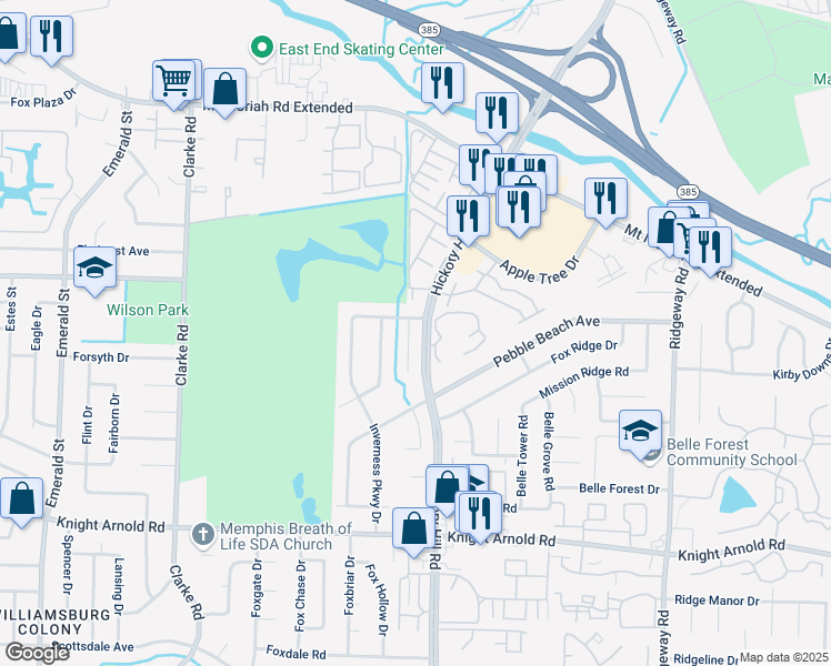 map of restaurants, bars, coffee shops, grocery stores, and more near 2988 Oakland Hills Cove in Memphis