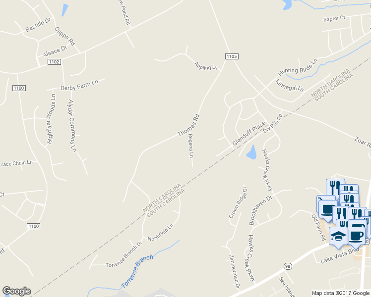 map of restaurants, bars, coffee shops, grocery stores, and more near 15114 Regena Lane in Charlotte